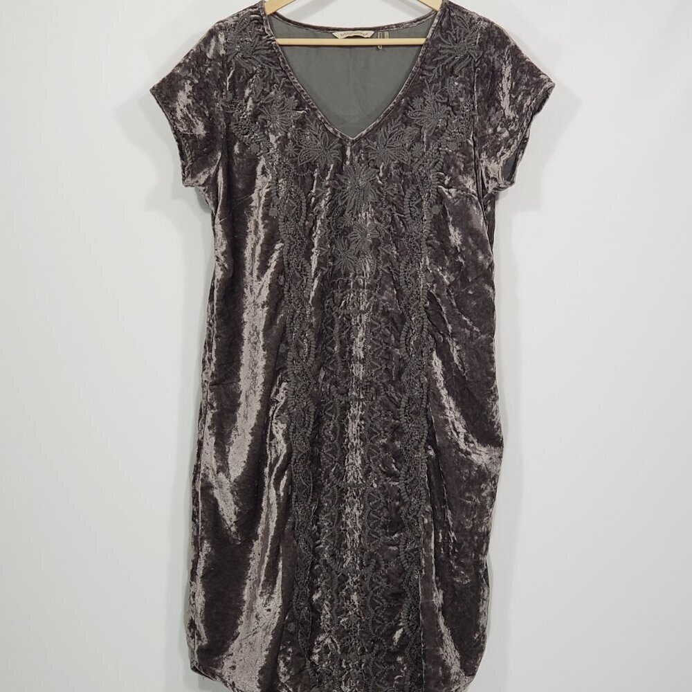 Soft Surroundings  Taupe Velvet Embroidered V-neck Dress  Medium